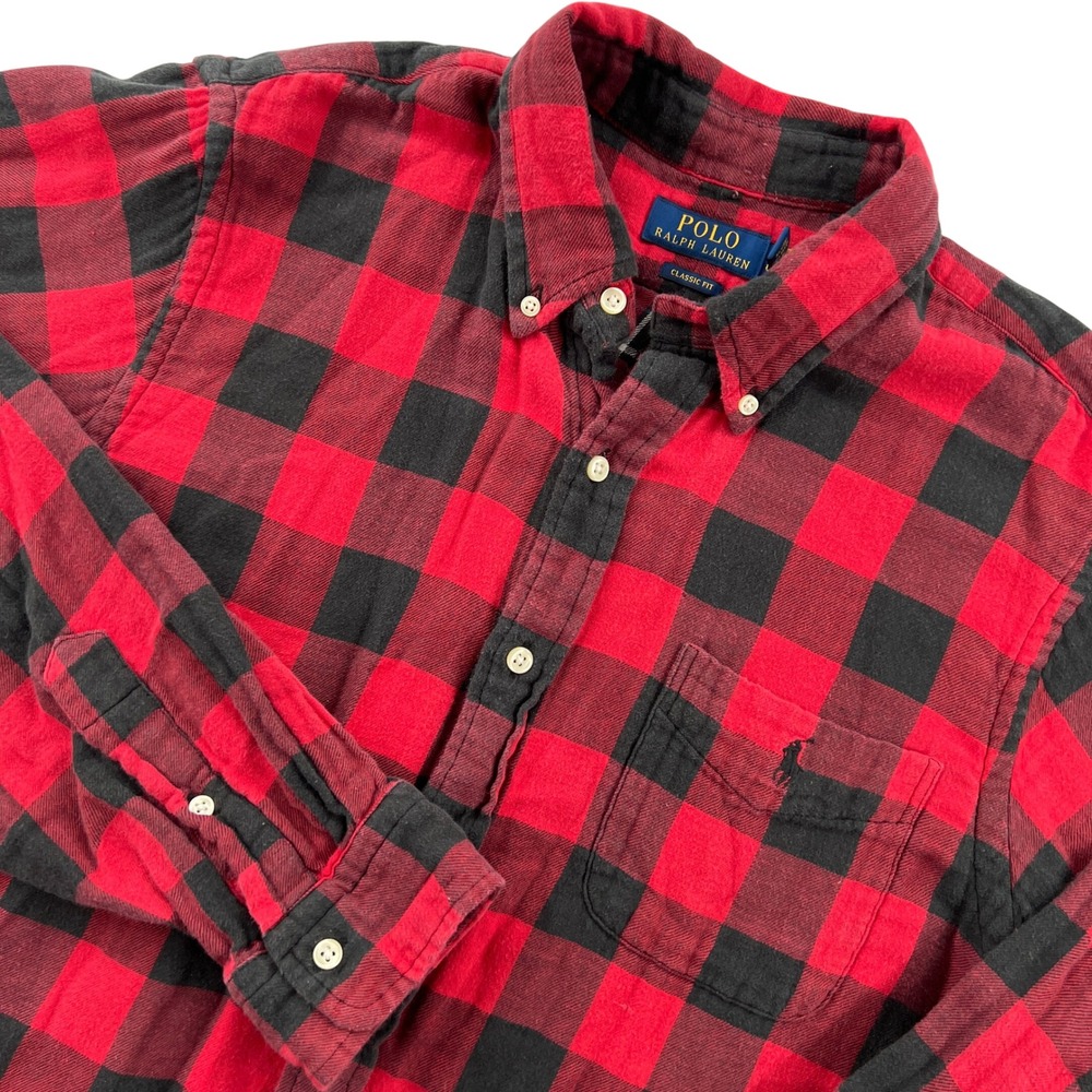 Polo Ralph Lauren Buffalo Plaid Flannel Shirt Men Large Red Black‎ Double Faced